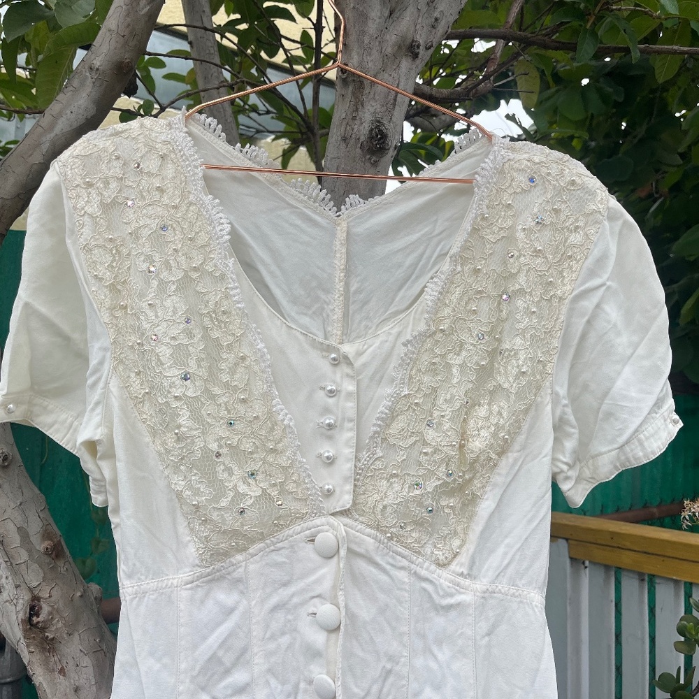 90s rayon midi dress white lace fit and flare skater s m small medium wedding